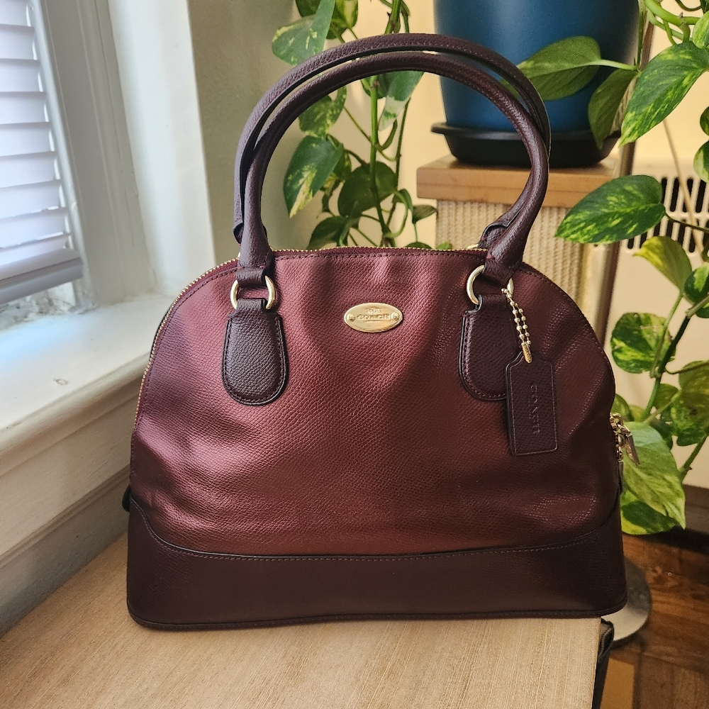 COACH Cora Mini Dome Oxblood Burgundy Bicolor Metallic Crossgrain Leather Bag